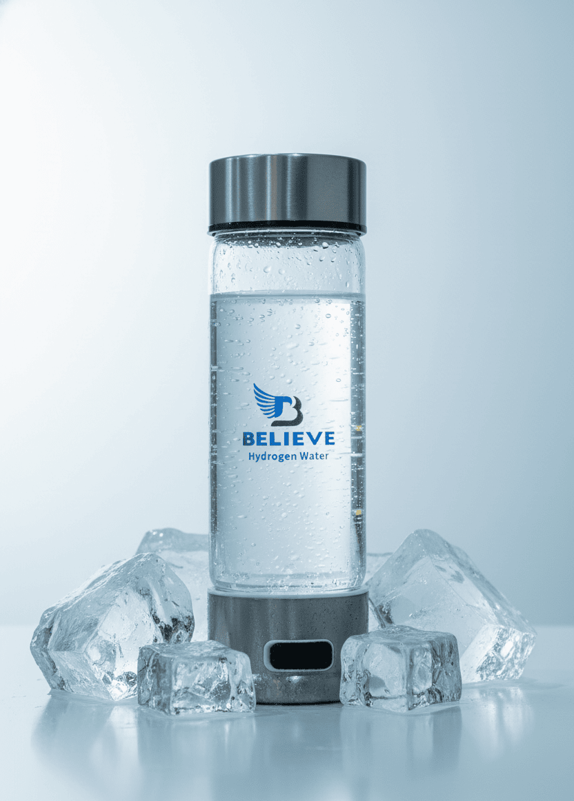 Believe Hydrogen Water Bottle 1000ml with ice cubes showing fresh hydrogen-rich water