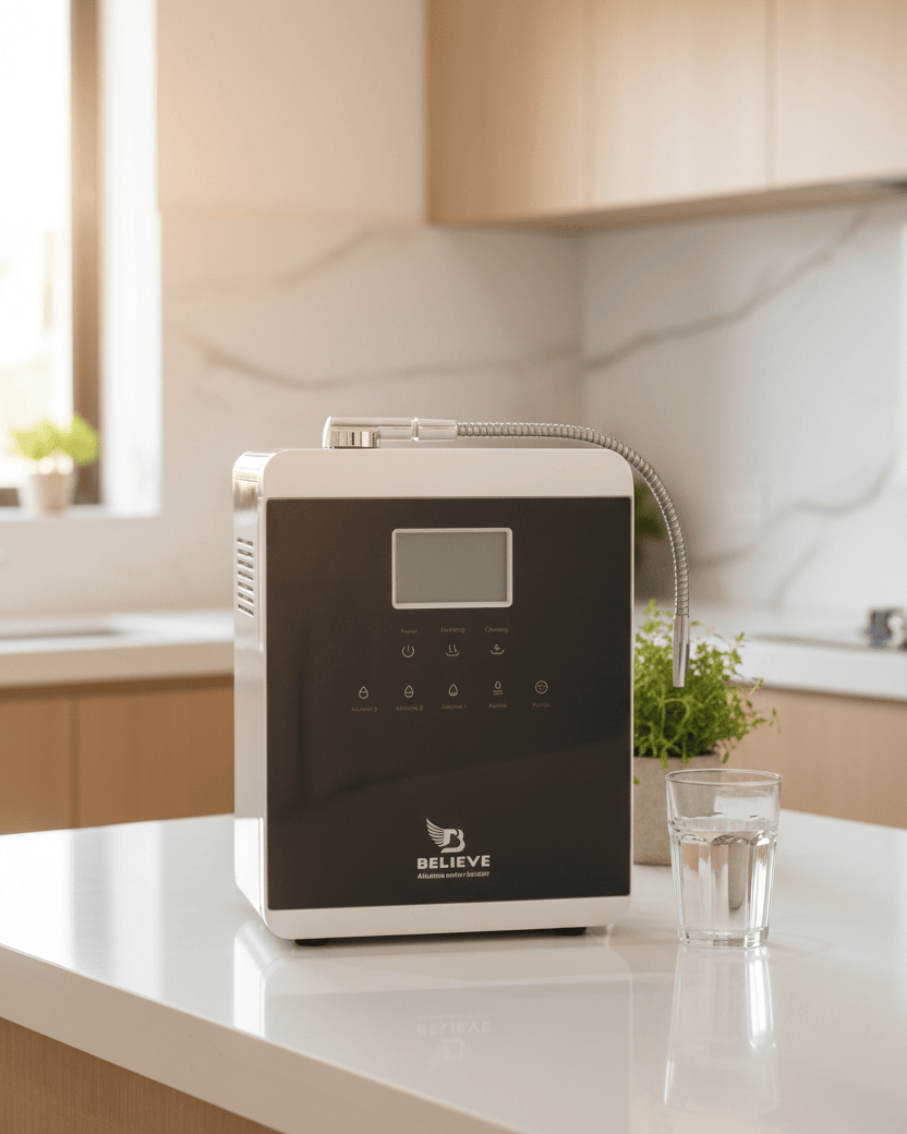 Believe Alkaline Water Ionizer on modern kitchen counter with glass of water